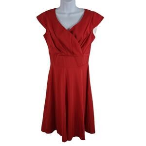 Sucrefas NEW Tea Length Fit Flare Dress  Surplice Vneck Cap Sleeve Red Medium